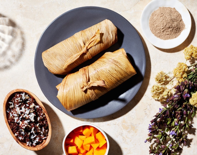 Tamales with Cricket Masa and Braised Bison by Sean Sherman, The Sioux Chef of Minnesota. Made with Seek's Pure Cricket Flour.