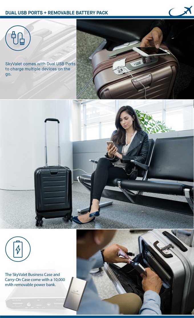 The most advanced airline approved luggage with Shark Wheels, a Wireless Charger
