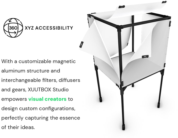 360 XYZ Accessibility. With a customizable magnetic aluminum structure and interchangeable filters, diffusers and gears, XUUTBOX Studio empowers visual creators to design custom configurations, perfectly capturing the essence of their ideas. Product photography, lightbox photo studio. Totally accessible. customizable lightbox.