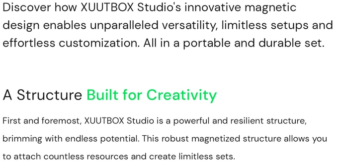 discover how XUUTBOX Studio's innovative magnetic design enables unparalleled versatility, limitless setups and effortless customization. All in a portable and durable set. A Structure built for Creativity. First and foremost, XUUTBOX Studio is a powerful and resilient structure, brimming with endless potential.. This robust magnetized structure allows you to attach countless resources and create limitless sets in photography and videography. Lightbox for product photography, DIY walls, totally adaptable for your own uses, customized.