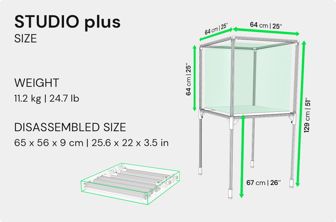 XUUTBOX Studio PLUS size. Weight 11.2 kg (24.7 lb). Disassembled size 65x56x9 cm (25.6x22x3.5 in). Light box standard size plus legs