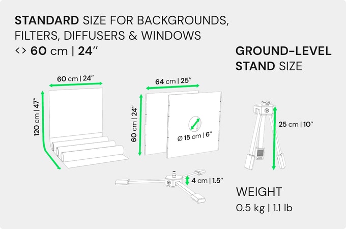 Standard size for backgrounds, filters, diffusers and windows. 60 cm (24 in). Ground-Level Stand size 25 cm (10 in). Weight 0.5 kg (1.1 lb). Light box standard accessories, such as stands, filters, diffusers, backdrops, windows.